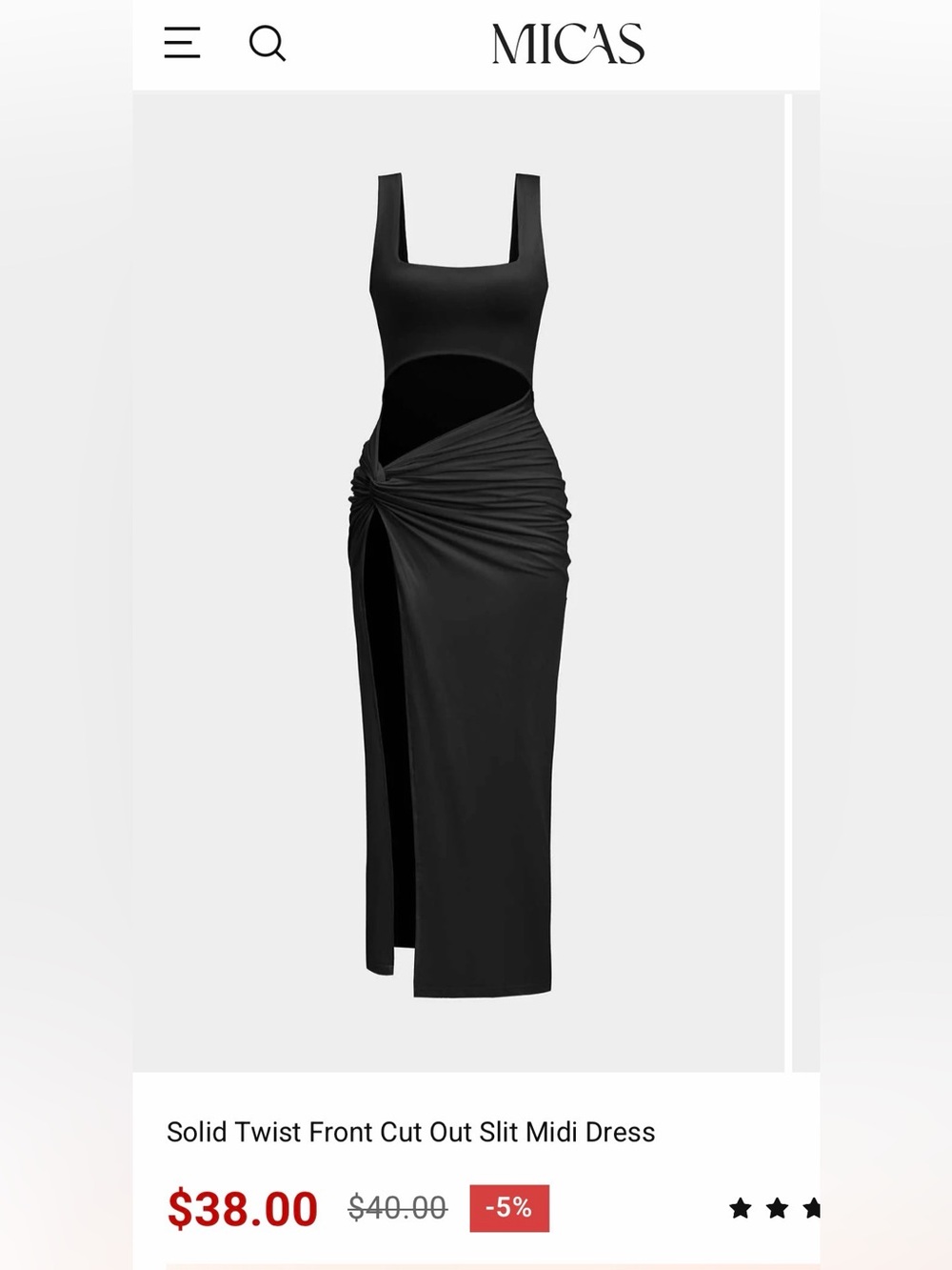 Micas Black Twist Front Cutout Midi Dress with Slit